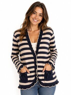 Basler Ruffle Trim Stripe Cotton Cardigan